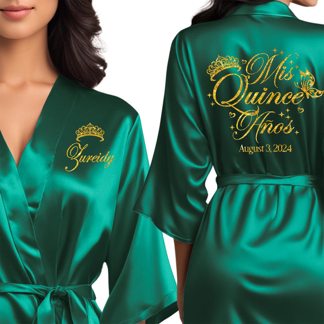 Mis Quince Emerald Green Satin Quince Robe, Juniors 12/14
