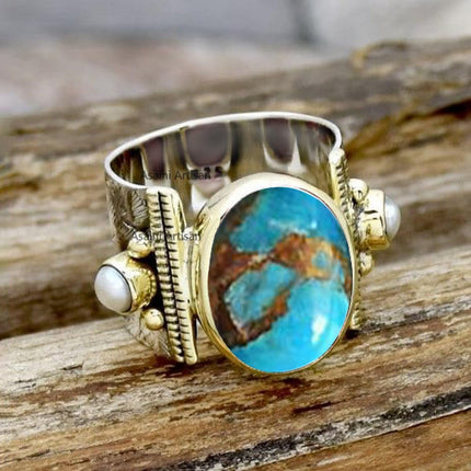 10x14 MM Oval Gemstone Solid 925 Sterling Silver Two Color 15MM Wide Band Ring with Tiny Freshwater Pearl Accents for Women Gift