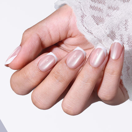 French Tip Press on Nails Short Square, Pink White Fake Nails