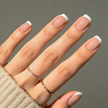 French Tip Press on Nails Short Square, Pink White Fake Nails