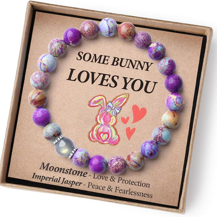 Easter Basket Stuffers - Handmade Crystal Bracelet with Cute Bunny Card/Gift Box-Elastic Design for Girls/Boys/Adults
