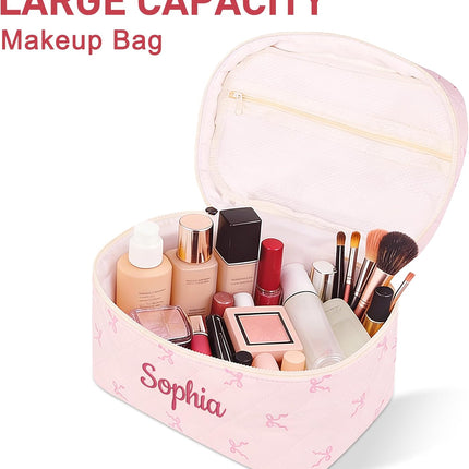 Personalized Large Quilted Makeup Bag for Women,Custom Cotton Travel Cosmetic Bag with Embroidered Name,Cute Toiletry Organizer Bag Bridesmaid Birthday Gift
