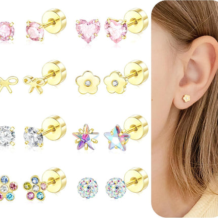 Hypoallergenic Earrings for Girls Women, 14k Gold Toddler Screw Back Earrings for Kids Baby Lightweight Surgical Stainless Steel Flower Bow Pink Heart Star CZ Flat Back Stud Earring for Sensitive Ears