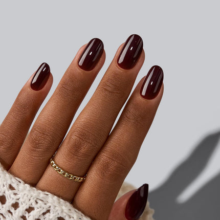 Press On Nails, Short Oval Dark Red Fake Nails, 32Pcs Full Kit - photo 4