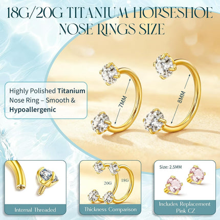 Titanium Horseshoe Nose Ring 20g 18g Gold Silver Double Gem Nose Rings Studs for Women Small Septum Rings 7mm 8mm Hypoallergenic Hoop Earrings Cartilage Helix Tragus Nostril Daith Piercing Jewelry