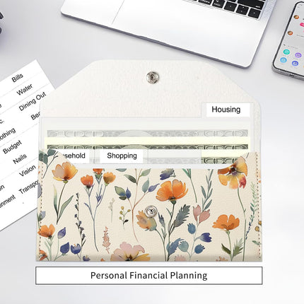 Cash Envelope Wallet for Budgeting, PU Leather Cute Cash Pouch with 4 Cash Dividers & 1 Category Stickers, Reusable Money Holder for Men and Women Wildflower Cute Flower