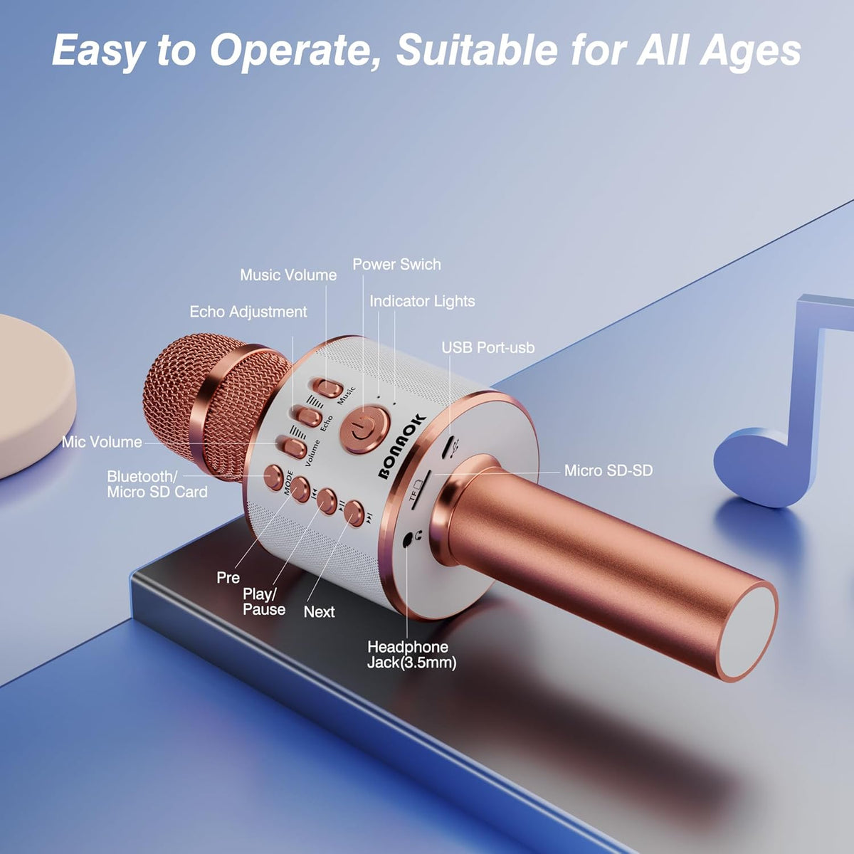 Wireless Bluetooth Karaoke Microphone, 3-in-1 Portable Handheld Mic Speaker Machine, Rose Gold - photo 4