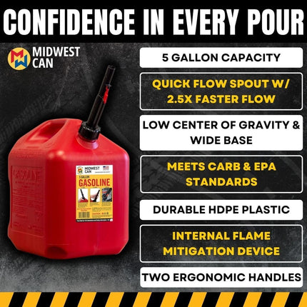 Midwest Can 5610 Safe-Flo Auto Shut Off 5 Gallon Gas Can – Durable Fuel Containers with FlameShield Safety System & Quick-Flow Spout - Red - 1 Pack