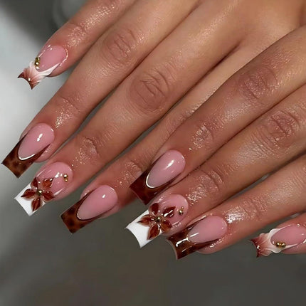 French Tips Press on Nails Medium Almond Nails Press on with 5D Flower Charm Design Glossy Brown Glue on Nails Water Ripple Rhinestones Fake Nail Reusable Fall Winter Nail for Women Manicure 24Pcs