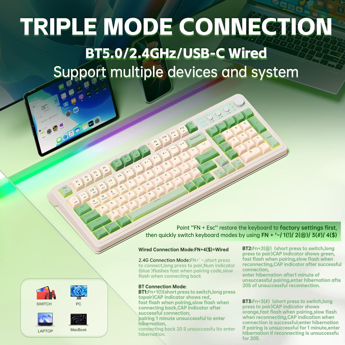 Green Tri-Mode Wireless Gaming Keyboard with Number Pad - photo 3