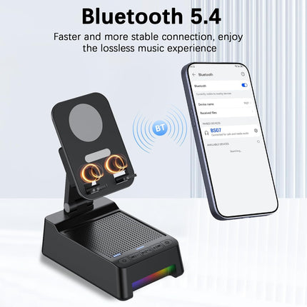 Wireless Induction Speaker, 5 in 1 Bluetooth Speaker with Phone Stand and Power Bank(3000mAh), Birthday Gifts for Men Women Teens, LED Lights 360° Rotation Phone Holder Compatible with Phones iPad