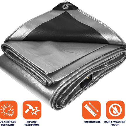 Tarpco Safety Extra Heavy Duty 14 Mil Tarp Cover, Waterproof, UV Resistant, Rip and Tear Proof, Poly Tarpaulin with Reinforced Edges for Roof, Camping, Patio, Pool, Boat (Silver/Black 25′ X 40′)
