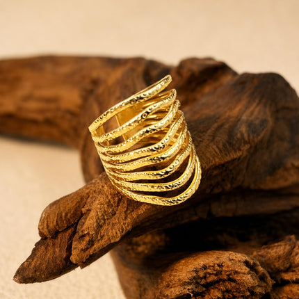 Gold Multi Layer Statement Ring for Women, Wide Band Open Finger Ring, Textured Stack Look Ring, Bold Minimalist Fashion Jewelry for Daily Wear Party