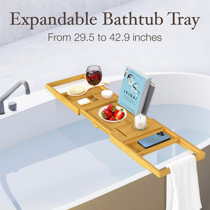 Expandable Bamboo Bathtub Caddy Tray with Wine, Book & Tablet Holder