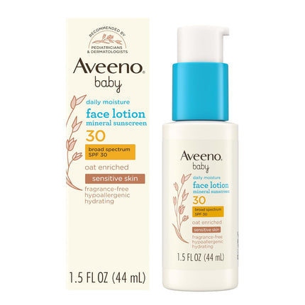 Aveeno Baby Daily Moisture Face Lotion & Mineral Sunscreen with SPF 30, Oat Enriched Face Moisturizer for Babies & Broad-Spectrum Sun Protection for Sensitive Skin, Fragrance-Free, 1.5 fl. oz