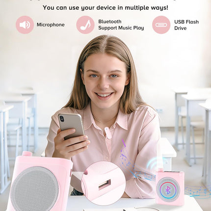 Voice Amplifier for Teachers with Dual Magnetic Wireless Lavalier Microphones & Noise Reduction - Bluetooth Portable Rechargeable Speaker for Classroom, Meetings, Yoga, Speeches (Pink)
