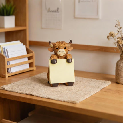 Highland Cow Pop-up Sticky Note Dispenser, Includes 1 Pad of 3x3 in Super Sticky Notes, 100 Sheets, Resin Cute Handmade Desk Holder for Office & Home-Brown