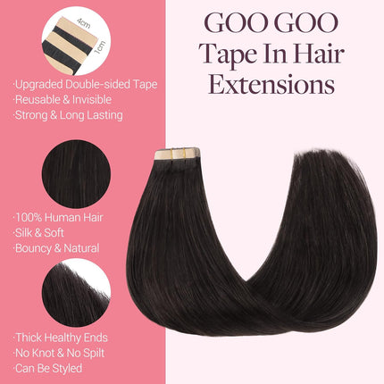 GOO GOO Tape in Hair Extensions Human Hair, 2 Dark Brown, 20inch 50g 20pcs, Skin Weft Seamless Invisible, Silky Straight with Thick Ends, Remy Human Hair