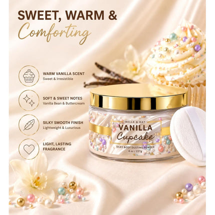 Body Powder for Men & Women Scented Vanilla Cupcake, Bath Perfume Dusting Powder with Fragrance & Essential Oils, Talc Free 8oz Container with Powder Puff, Made in USA