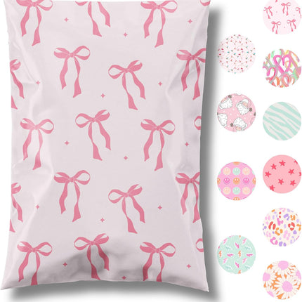 Pretty Package Store 6x9 Designer Poly Mailer 100 Pack Heavy Duty Waterproof Self Seal Shipping Bags for Small Business Large Mailing Envelopes Bulk Tear Resistant Cute Packaging Pink Bows Coquette