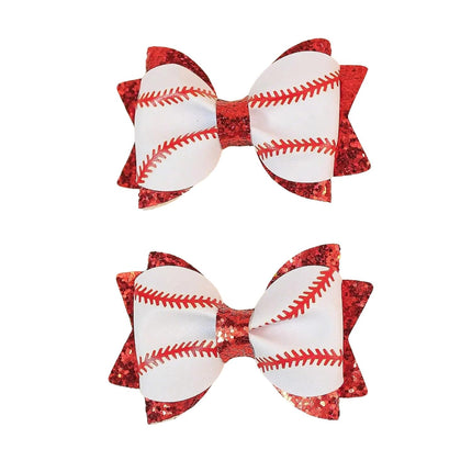 2PCS Baseball Hair Bows with Red Glitter White and Red Leather Sports Theme Hair Accessories Assorted Hair Accessories Alligator Clip for Little Girls Toddler Kids Teens