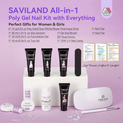 SAVILAND Hema-Free Poly Gel Nail Kit Starter: 4 Colors Natural Clear Poly Nail Gel with U V Lamp Slip Solution Quick Dry Nourish Nails 28 Days Durable DIY Salon Home Use