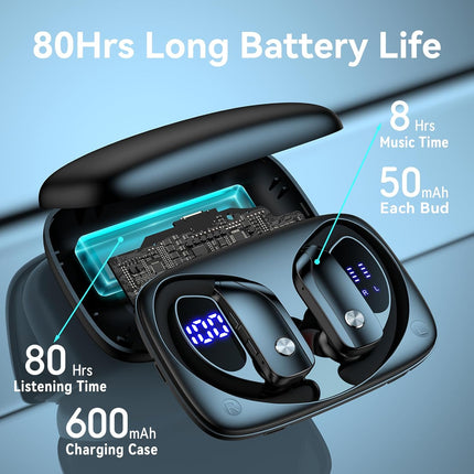 bmani Ear Buds Wireless Earbuds Bluetooth Headphones with 80H Playtime LED Display Case, Over-Ear Hook with Mic, Stereo Sound, Easy Button Controls, Sports Earphones for Running Workout Gym Black