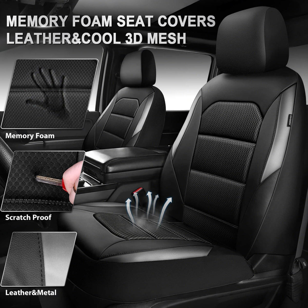 Memory Foam Front Car Seat Covers, Black/Grey - photo 2