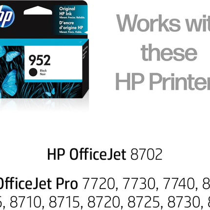 HP 952 Black Ink Cartridge Printers | Works with Printer Series: OfficeJet 8702, OfficeJet Pro 7720, 7740, 8210, 8710, 8720, 8730, 8740 | Eligible for Instant Ink | F6U15AN