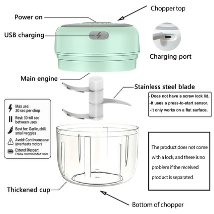 Electric Mini Vegetable Chopper, Food Chopper, Garlic Slicer Veggie, Salad, Lettuce, Onion, Chili Crusher, Tomato Dicer Chopper Cutter & Ginger Meat Mincer for Kitchen, Portable USB Chopper (250ML)