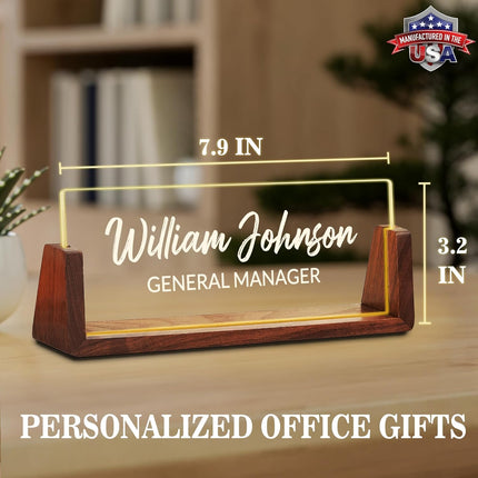 Ship Next Day Custom Name Plate for Desk, Personalized Acrylic Desk Name Plate with LED Walnut Frame, Office Desk Accessories, Appreciation Gifts for Boss Employee Coworker Teacher Women Men (Classic)