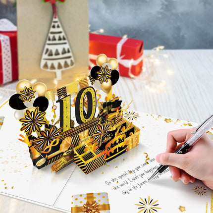 Joycard 10th Birthday Card for Girl Boy, 3D Pop Up Happy Birthday Gift for Daughter Son, Funny 10 Year Old Birthday Decorations for Grandson Granddaughter, Back in 2016 Laser Gold Retro Theme