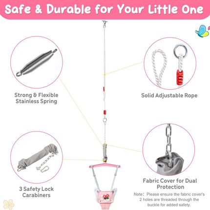 FUNLIO Baby Jumper with a Ceiling Hook for 6-24 Months, Baby Door Jumper for Indoor/Outdoor Play, Jumper Doorway with Adjustable Chain, Easy to Assemble & Store (with a Ceiling Hook) - Pink Butterfly