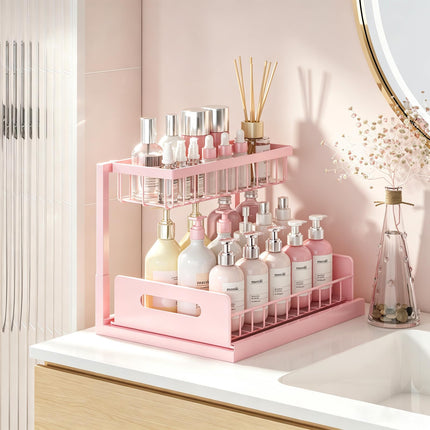 Under Sink Organizer, L-Shaped 2 Tier Pull Out Cabinet Organizer