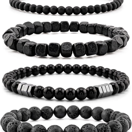 Multi-Layer Black Beaded Bracelet Set for Men with Natural Stone