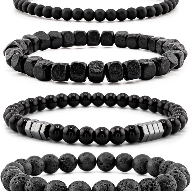 Multi-Layer Black Beaded Bracelet Set for Men with Natural Stone