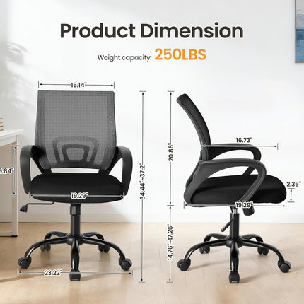 OLIXIS Office Desk Chair - Ergonomic Mid Back with Lumbar Support & Rocking Mode, Height Adjustable with Fixed Armrest, Storage Back for Computer, Gaming, Conference, Meeting, 360° Swivel, Black
