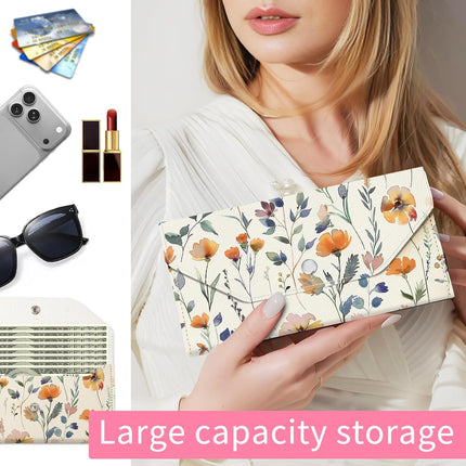 Cash Envelope Wallet for Budgeting, PU Leather Cute Cash Pouch with 4 Cash Dividers & 1 Category Stickers, Reusable Money Holder for Men and Women Wildflower Cute Flower