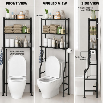 3-Tier Over-the-Toilet Storage Rack with Anti-Tilt Frame