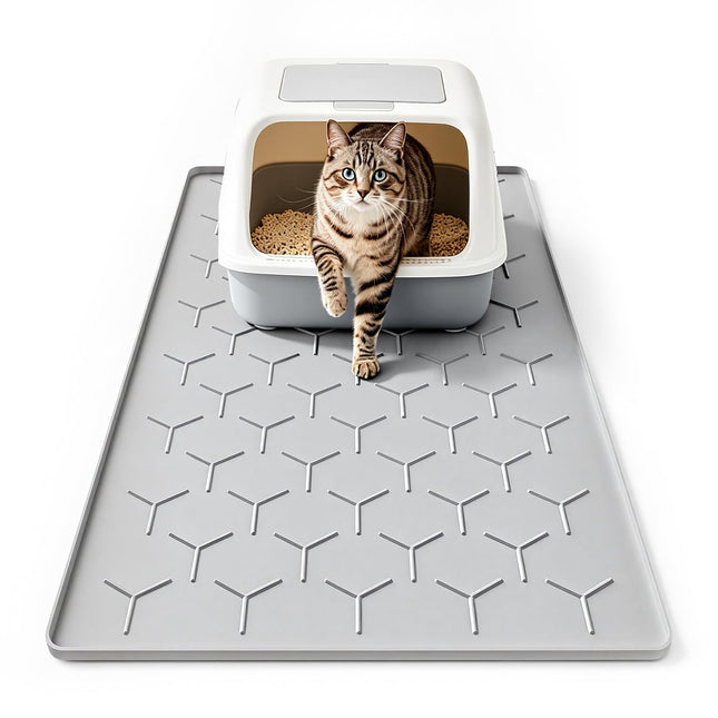 Silicone Cat Litter Mat, 24"x16", Raised Edge Waterproof, Grey
