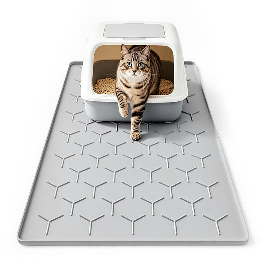 Silicone Cat Litter Mat, 24"x16", Raised Edge Waterproof, Grey