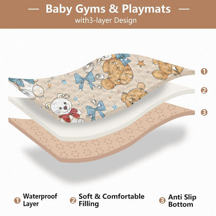Cute Stuffed Bears Baby Play Mat for Floor 50" X 50" Foldable Waterproof Non-Slip Playmat for Baby Playpen Quilted Crawling Mats Game Rug