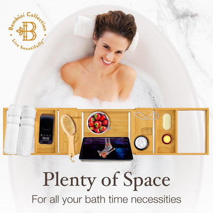 Expandable Bamboo Bathtub Caddy Tray with Wine, Book & Tablet Holder