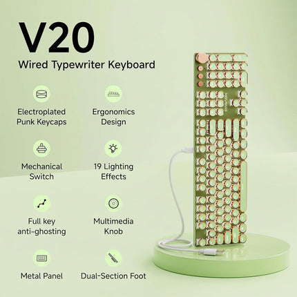 SEUNKWANG EWEADN Typewriter Style Mechanical Keyboard, Wired Typewriter Keyboards,104 Keys Backlit LED Metal Keyboards, Media Control Knob, Wired Computer Keyboard Pink Switch for Windows/PC-Green