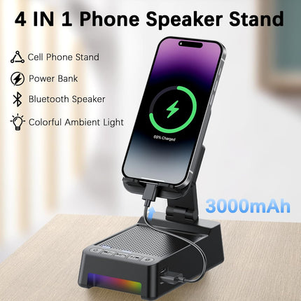 Wireless Induction Speaker, 5 in 1 Bluetooth Speaker with Phone Stand and Power Bank(3000mAh), Birthday Gifts for Men Women Teens, LED Lights 360° Rotation Phone Holder Compatible with Phones iPad