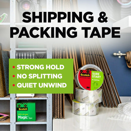 Scotch Sure Start Shipping Packaging Tape, 1.88" x 54.6 yd, Designed for Packing, Shipping and Mailing, Quiet Unwind, No Splitting or Tearing, 3" Core, Clear, 1 Roll (345)