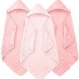 Muslin Hooded Baby Bath Towels - 3 Pack 100% Cotton Ultra-Soft Towels for Newborns, Infants, Toddlers - 32x32 Inch - Highly Absorbent, Quick-Dry Essentials for Bath Time, Beach, Pool, Pink Series