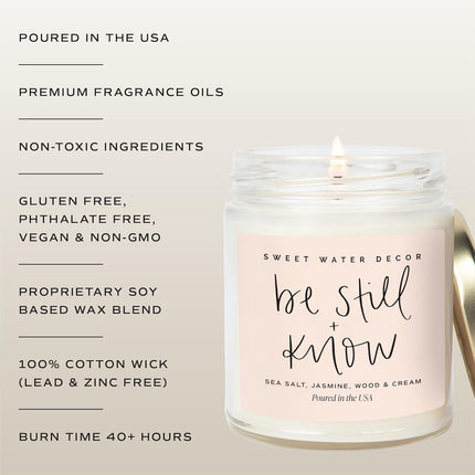 Sweet Water Decor, Be Still and Know, Sea Salt, Jasmine, Cream, and Wood Scented Soy Wax Candle for Home - Christian Candle Gifts for Women - 9oz Clear Jar, 40 Hour Burn Time, Made in the USA