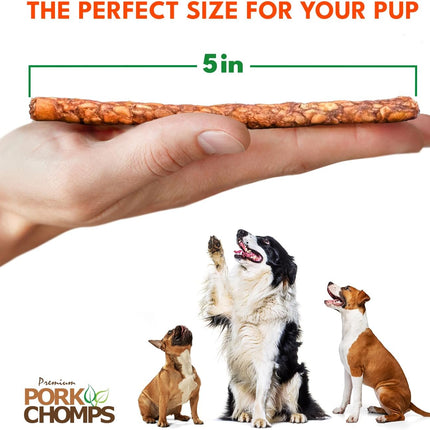 Pork Chomps Dog Chews, 5 Inch Munchy Sticks, 50 Count - Assorted Flavors: Roasted Pork, Chicken, & Bacon - Long-Lasting Treats for Dogs - High Protein, Low Fat, Healthy & Delicious Chews (1 Pack)