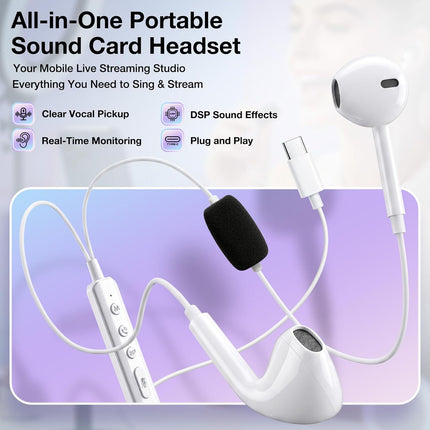 KM08 Portable In-Ear Monitor Live Streaming & Karaoke Headset with Mic, Built-in Sound Card for Sound Effects & Voice Changer, 2-in-1 Wired Earbuds & Microphone for TikTok YouTube Streaming Podcast